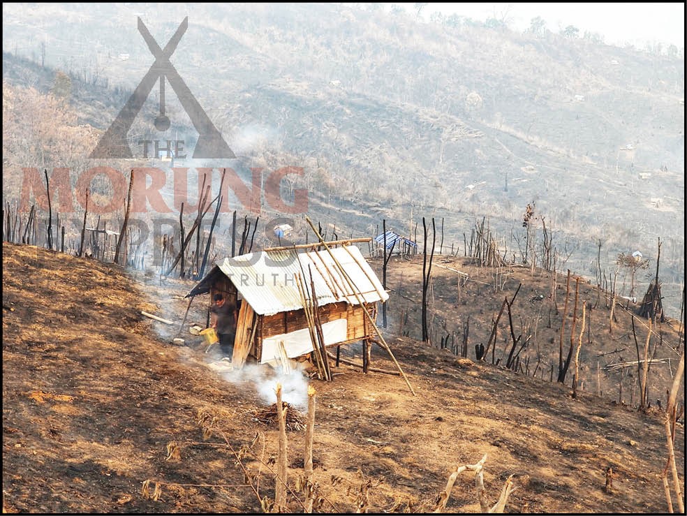 Burnt patches of some jhum fields in Wokha seen on March 10. Also known as slash and burn agriculture, jhum cultivation includes clearing trees and vegetation and burning them thereafter. The burnt soil contains potash which is said to increase the nutrient content of the soil. It is then followed by sowing, harvesting, and fallowing. (Photo Courtesy: Abo Yiki)